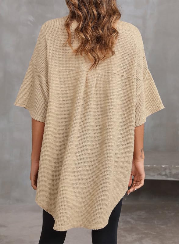 Waffle Knit Bell Sleeve Button-Up Shacket for Women