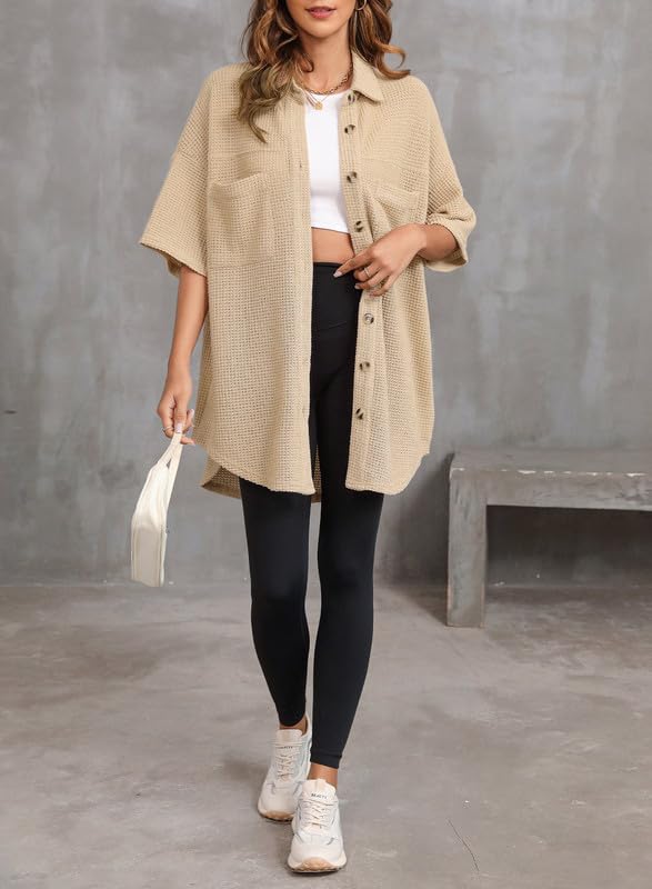Waffle Knit Bell Sleeve Button-Up Shacket for Women