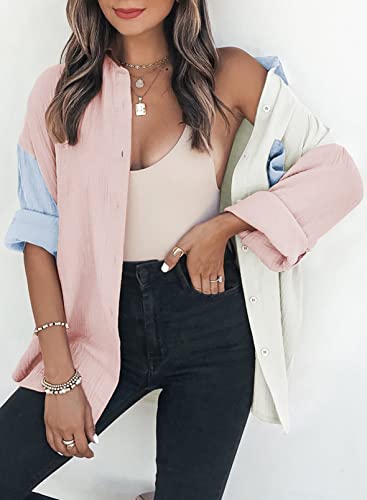 Dokotoo Women's Color Block V Neck Button Down Shirt