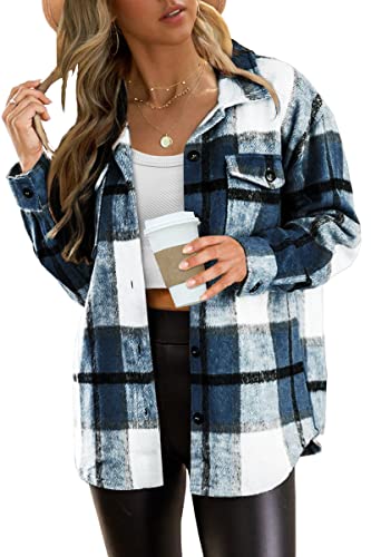 AUTOMET Women's Blue Plaid Long Sleeve Shacket