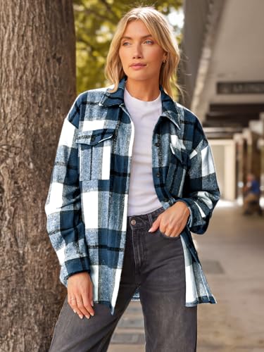 AUTOMET Women's Blue Plaid Long Sleeve Shacket