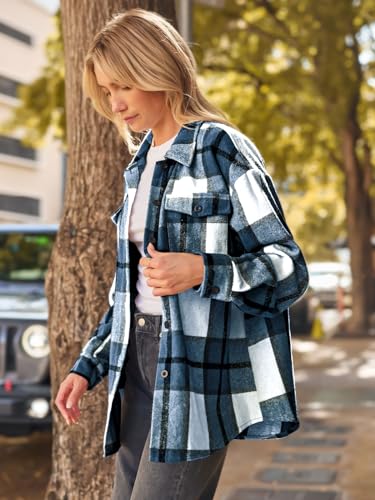AUTOMET Women's Blue Plaid Long Sleeve Shacket