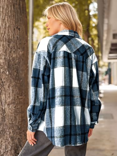 AUTOMET Women's Blue Plaid Long Sleeve Shacket