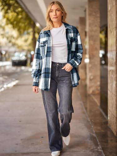 AUTOMET Women's Blue Plaid Long Sleeve Shacket