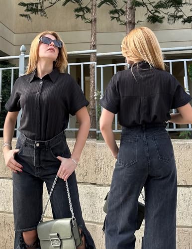 Zeagoo Women's Short Sleeve Black Collar Shirt