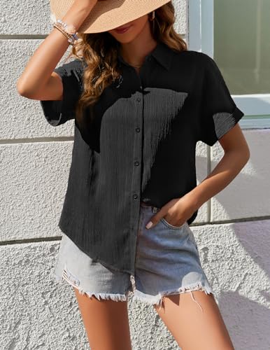 Zeagoo Women's Short Sleeve Black Collar Shirt