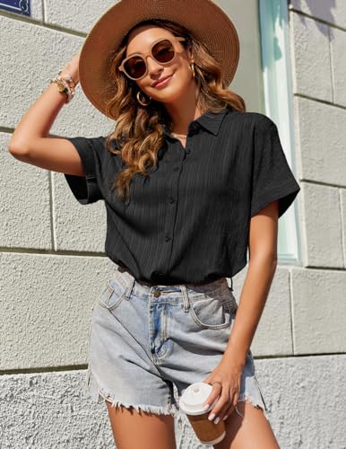 Zeagoo Women's Short Sleeve Black Collar Shirt