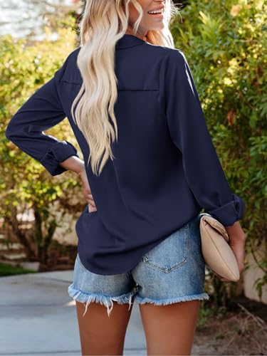 Navy Blue Long Sleeve Button Down Blouse