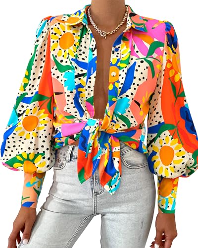 BTFBM Women's Boho V Neck Button Down Blouse