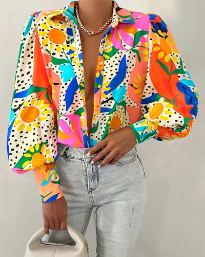 BTFBM Women's Boho V Neck Button Down Blouse