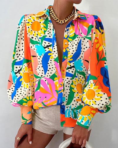 BTFBM Women's Boho V Neck Button Down Blouse