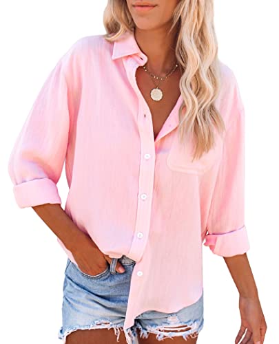 Womens Pink Button Down Cotton Dress Shirt