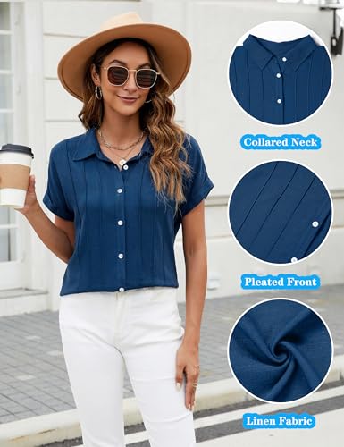 Blue Linen Button Down Short Sleeve Blouse