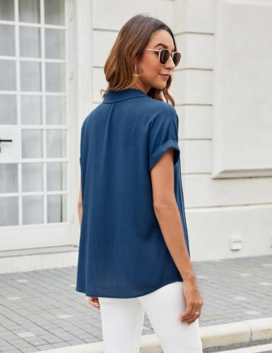 Blue Linen Button Down Short Sleeve Blouse