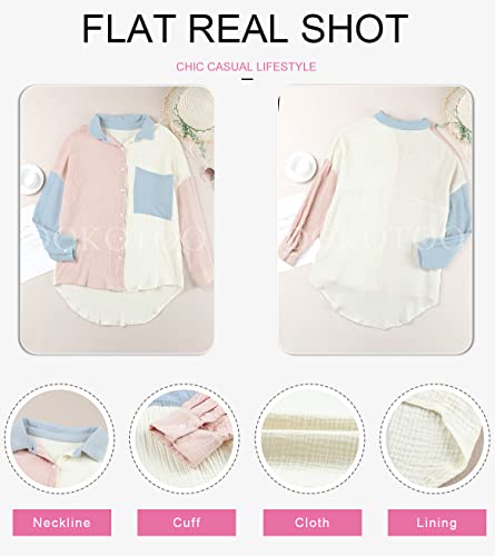 Dokotoo Women's Color Block V Neck Button Down Shirt