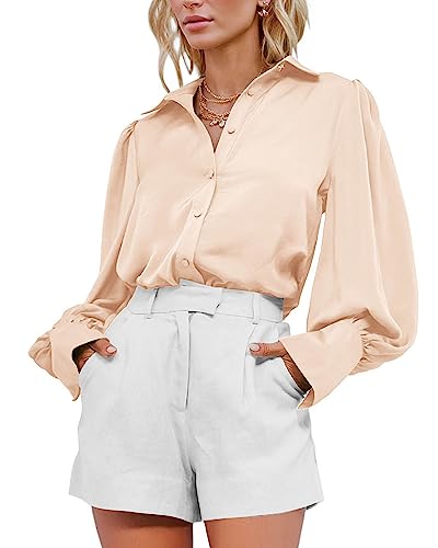 Satin Button Down Lantern Sleeve Blouse - Beige