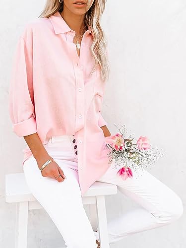 Womens Pink Button Down Cotton Dress Shirt