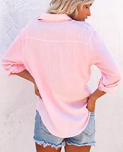 Womens Pink Button Down Cotton Dress Shirt