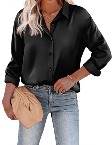 Chigant Women's Satin Silk Black Button-Down Blouse