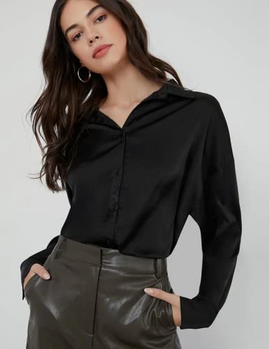 Chigant Women's Satin Silk Black Button-Down Blouse