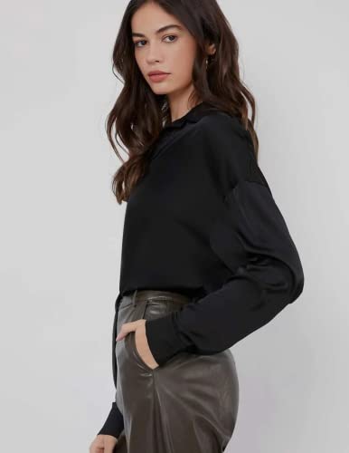 Chigant Women's Satin Silk Black Button-Down Blouse