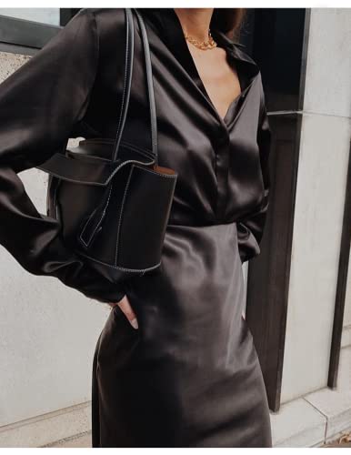 Chigant Women's Satin Silk Black Button-Down Blouse