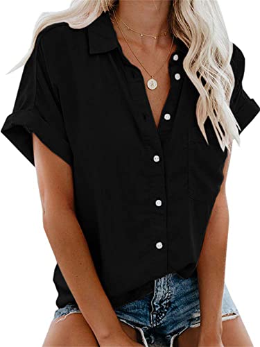 Black Button Down Casual Short Sleeve Cotton Blouse
