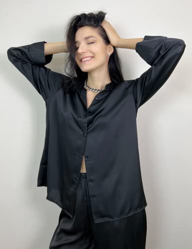 Chigant Women's Satin Silk Black Button-Down Blouse