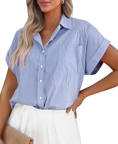 PrettyGarden Women's Blue Striped Button-Down Blouse