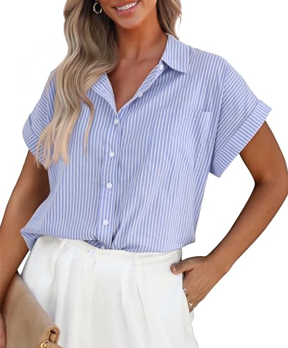 PrettyGarden Women's Blue Striped Button-Down Blouse