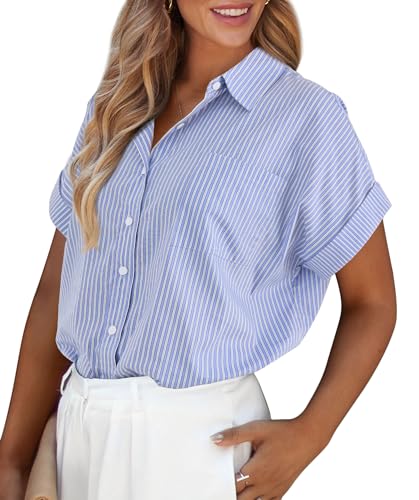 PrettyGarden Women's Blue Striped Button-Down Blouse