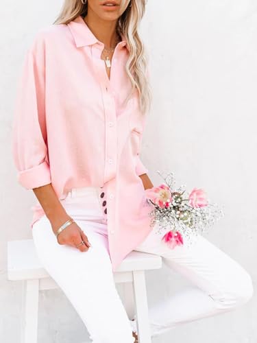 Pink V-Neck Long Sleeve Button Down Shirt XL
