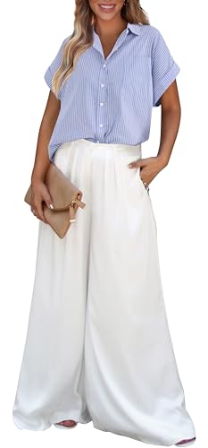 PrettyGarden Women's Blue Striped Button-Down Blouse