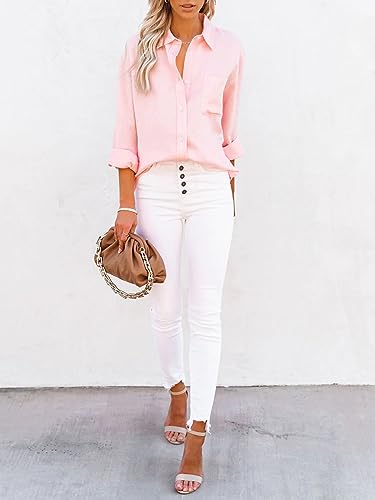 Womens Pink Button Down Cotton Dress Shirt