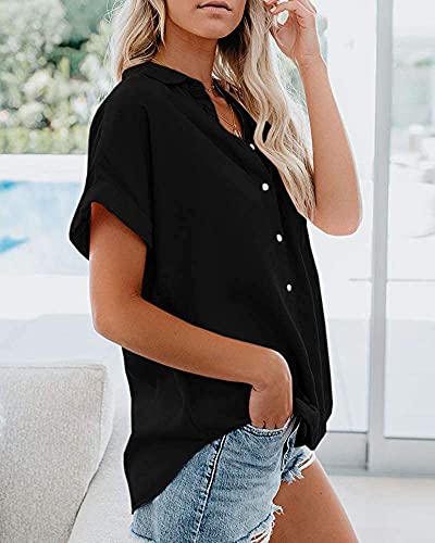 Black Button Down Casual Short Sleeve Cotton Blouse