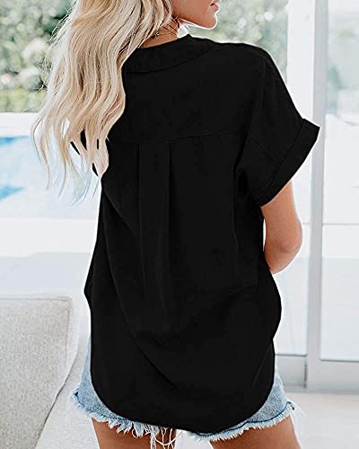 Black Button Down Casual Short Sleeve Cotton Blouse