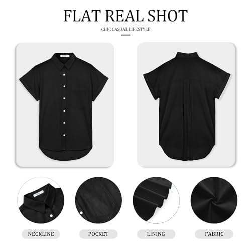Black Button Down Casual Short Sleeve Cotton Blouse