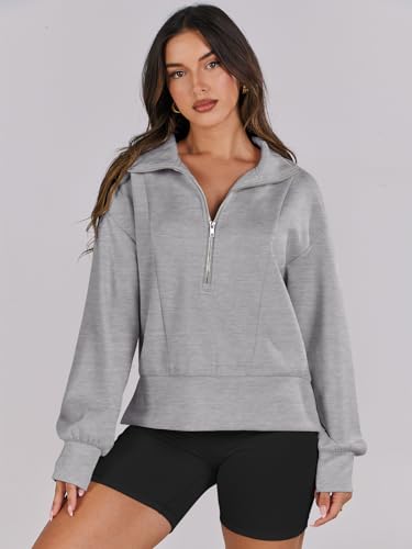 ANRABESS Women's Half Zip Cropped Sweatshirt - Light Grey