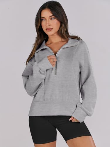 ANRABESS Women's Half Zip Cropped Sweatshirt - Light Grey