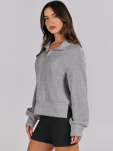 ANRABESS Women's Half Zip Cropped Sweatshirt - Light Grey