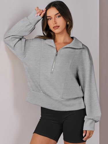 ANRABESS Women's Half Zip Cropped Sweatshirt - Light Grey