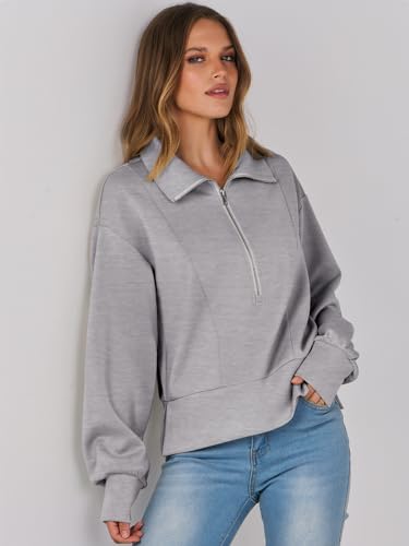 ANRABESS Women's Half Zip Cropped Sweatshirt - Light Grey