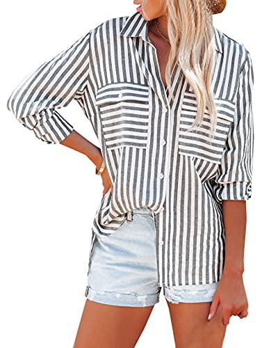 OMSJ Women's Striped Button Down V-Neck Blouse