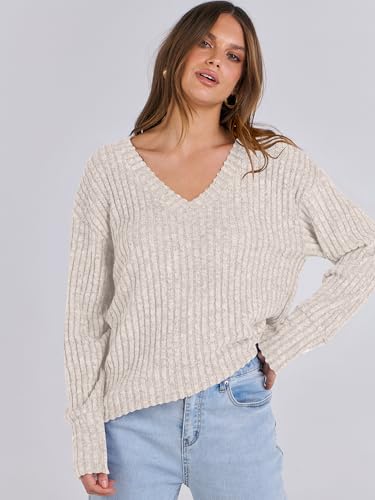 ANRABESS Women's Lightweight Beige V-Neck Sweater