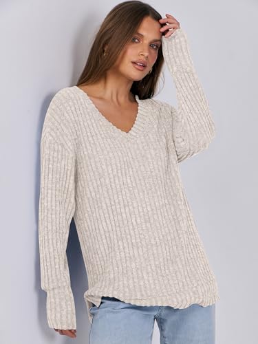 ANRABESS Women's Lightweight Beige V-Neck Sweater
