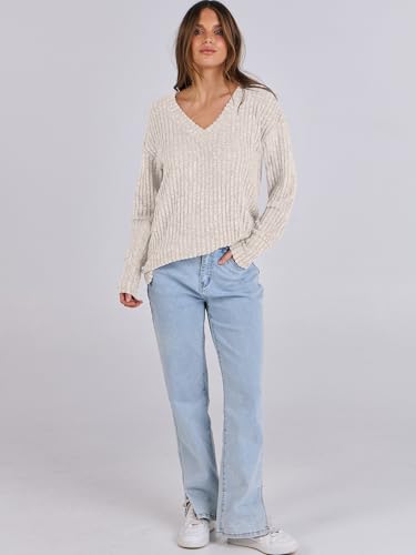 ANRABESS Women's Lightweight Beige V-Neck Sweater