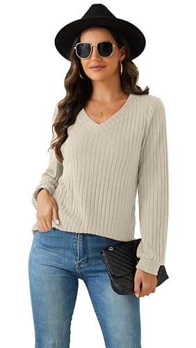 Trendy Beige V-Neck Tunic Sweater for Women