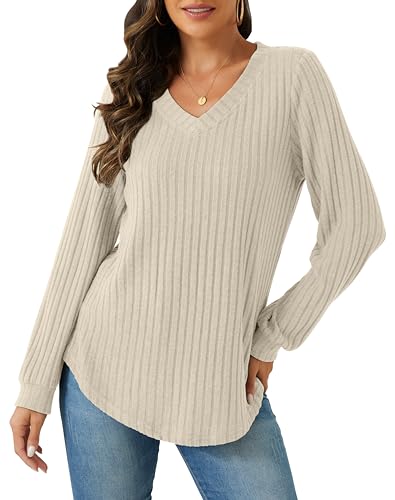 Trendy Beige V-Neck Tunic Sweater for Women