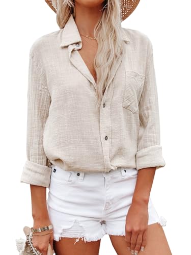 Aoudery Womens Oversized Button Down Shirt in Apricot