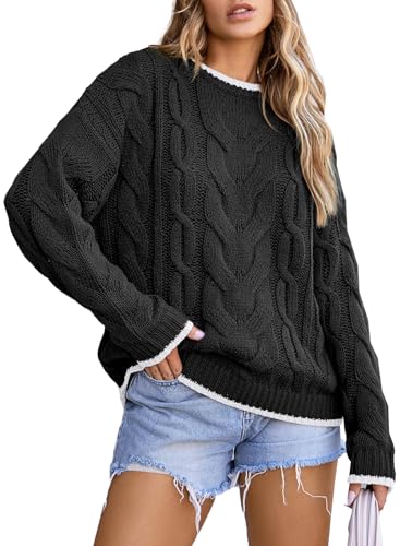 Trendy Black Color Block Crewneck Sweater for Women